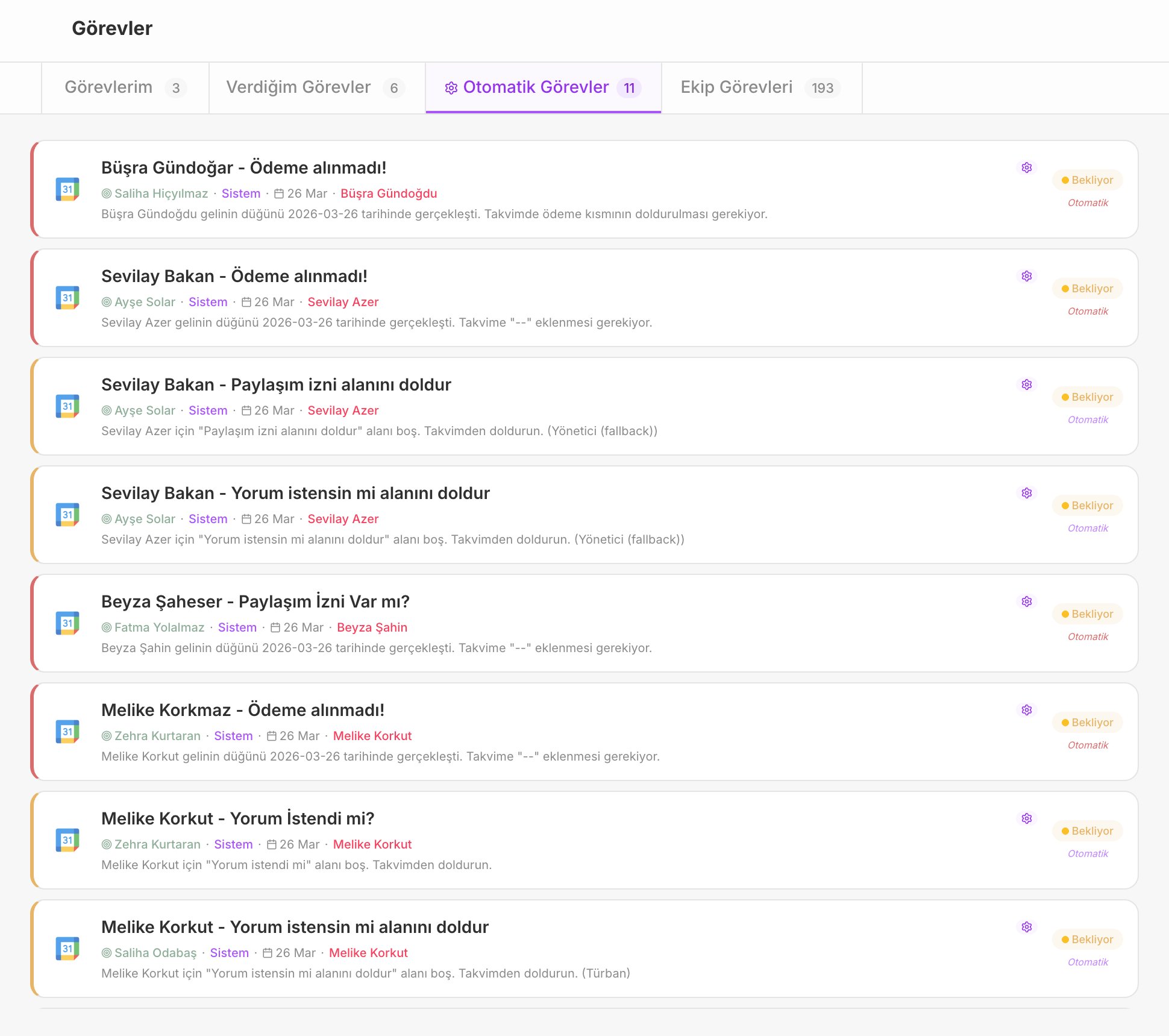Takvimden otomatik görev oluşturma — Google Calendar entegrasyonu